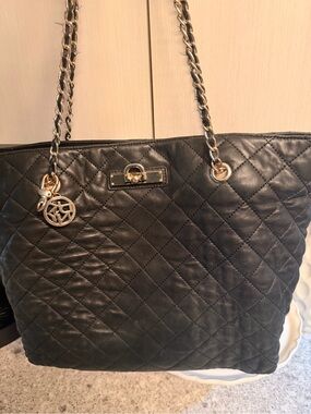 DKNY Black Quilted Tote with Chain-Strap and Gold Charm